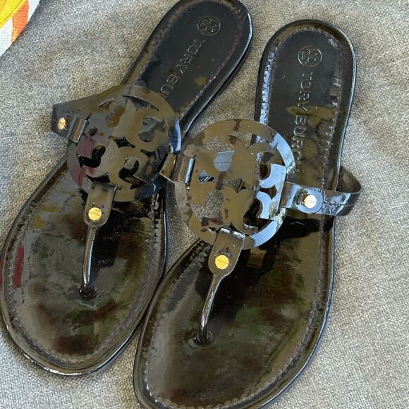 Tory Burch Miller Patent Glossy Black Sandals Size 12 - Picture 1 of 9